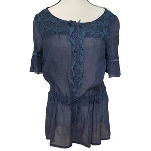 Elegant Navy Women's Blouse with Ruffle Details